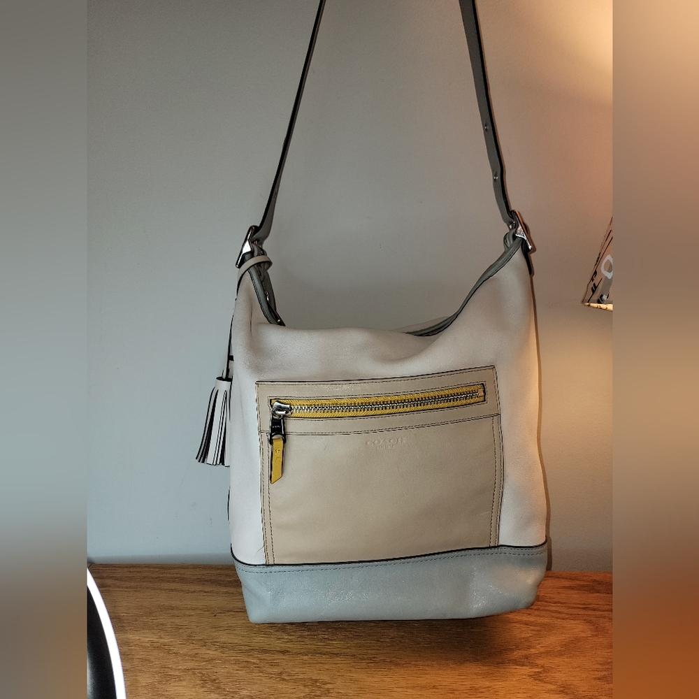 Coach Legacy Colorblock Cream and Tan Shoulder Bag with adjustable strap
